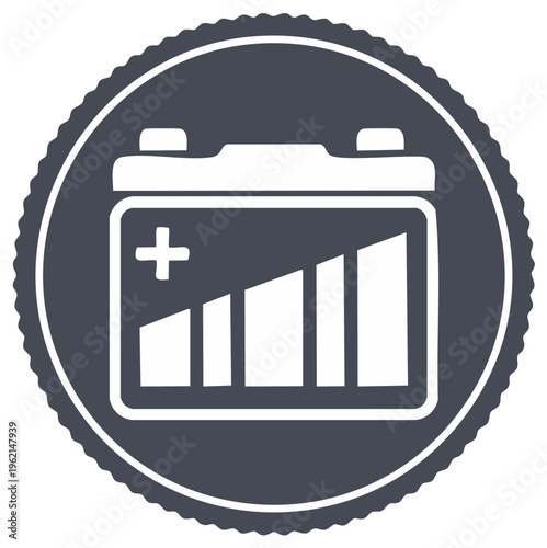 Battery power level indicator icon with positive charge symbol within a circular emblem
