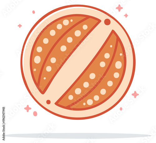 Vibrant flat design orange circle with diagonal stripes and dotted patterns sparkling