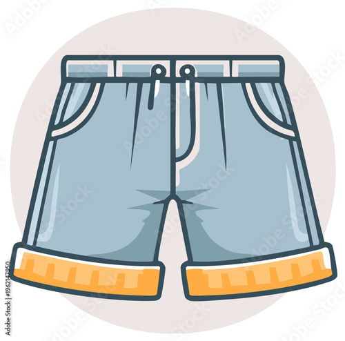 Vector icon of blue casual summer shorts with drawstring waist and rolled cuffs