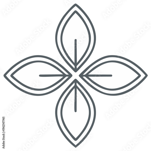 Symmetrical four petal flower line art icon, simple geometric plant logo symbol