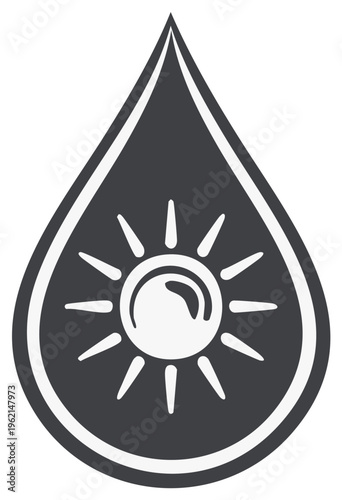 Sun inside Water Drop Icon Graphic Symbolizing Sunlight and Fresh Water Resources Environmentally Friendly Solution