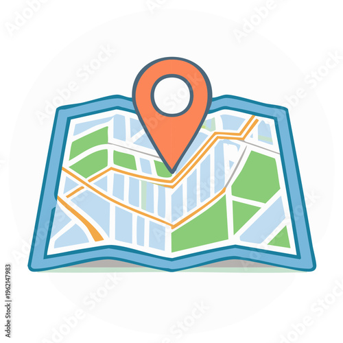 Illustration of a colorful map with streets, parks, roads, and an orange location pointer pin, used for navigation apps