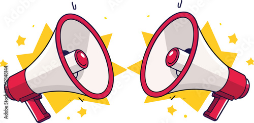 Dynamic vector illustration graphic depicting two symmetrical red and white megaphones with an eye-catching design, surrounded by yellow starbursts and sound accents, perfect for emphasizing critical 