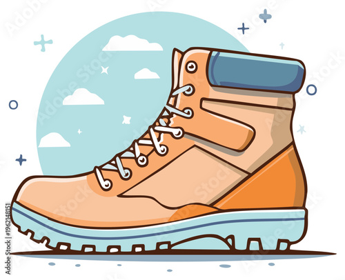 Cartoon illustration of a hiking boot with sky and clouds background.