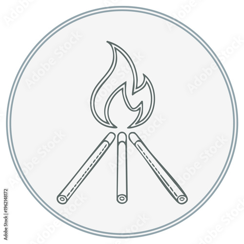 Campfire icon illustration with fire, sticks, logs, outline drawing, circle shaped element