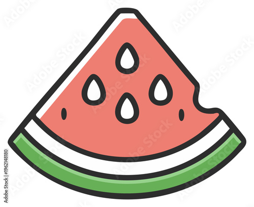Vibrant cartoon illustration of a fresh watermelon slice with a bite mark
