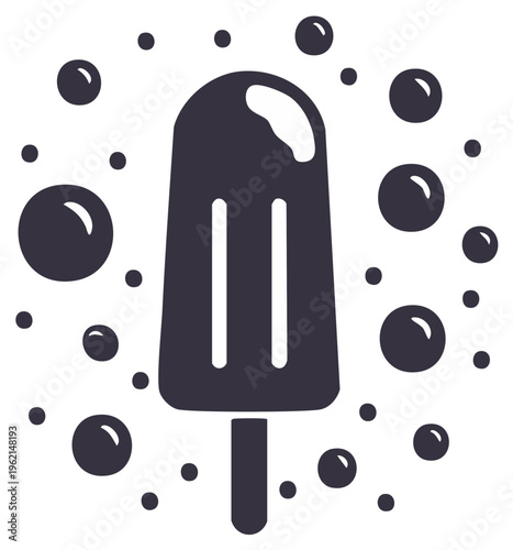 Refreshing minimalist dark gray ice pop icon surrounded by sparkling effervescent bubbles