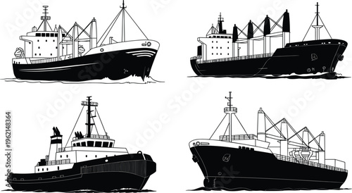 Cargo ship vector set with industrial vessels and maritime transport silhouettes, shipping logistics illustration collection design