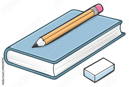 Pencil, book, and eraser illustration. Tools for writing, drawing, and note taking.