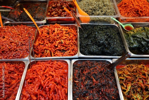 Kimchi varieties - Korean food at traditional Gwangjang Market in Jongno district of Seoul, South Korea.
