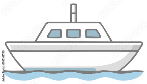 Simple Cartoon Style White Boat Vessel Cruising on Blue Water with Windows and Structure Outlined in Gray Line Art