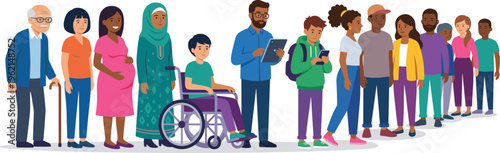 Diverse Group of People of Different Ages Ethnicities and Abilities Standing in Line Including Senior Pregnant Woman Wheelchair User and Youth