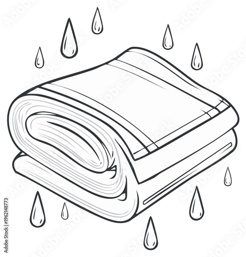Folded towel with water drops, black and white illustration