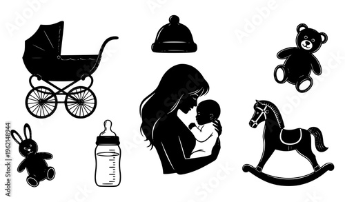 Motherhood and baby items black silhouette vector sketches collection for newborn and parent illustrations