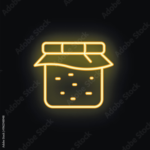Yellow neon icon of a jam jar glowing on black background