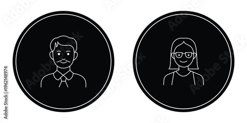 Minimal User Profile Icon Set – Man and Woman Avatars in Circle Frame, Clean Outline Symbols for Interface and Infographics