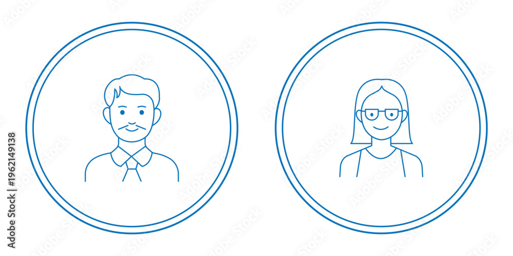 Fototapeta premium Minimal User Profile Icon Set – Man and Woman Avatars in Circle Frame, Clean Outline Symbols for Interface and Infographics