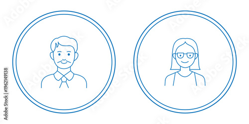 Minimal User Profile Icon Set – Man and Woman Avatars in Circle Frame, Clean Outline Symbols for Interface and Infographics