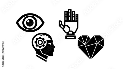 A vector graphic illustration of four icons representing vision, technology, intelligence, and love