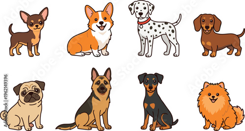 WebCute Dog Breeds Illustration Set Featuring Corgi Dalmatian Pug German Shepherd Chihuahua Dachshund Doberman and Pomeranian Vector Characters for Pet Design