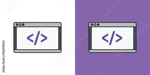 Vector illustration of a browser window displaying programming code tags, representing web development, software engineering, and digital coding concepts