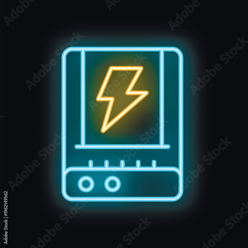 Neon power bank icon glowing against a dark background, representing portable energy
