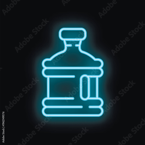 Blue glowing neon sign depicting a big bottle with water cooler for office on a black background
