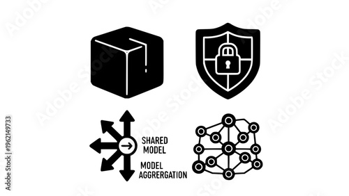 A vector graphic illustration of four icons representing data security and network concepts in a flat minimal design style