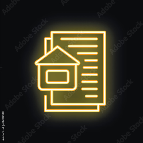 Neon icon of a house overlapping with documents representing real estate, property, construction, ownership, and legal agreements
