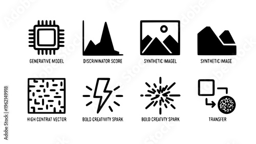 A set of modern vector icons representing artificial intelligence and machine learning concepts in a flat design style