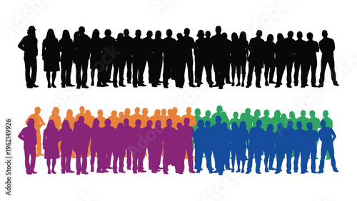 Diverse group of people silhouettes in black and rainbow colors