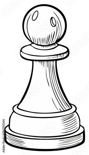 Black and white sketch of a single chess pawn with classic rounded head and base