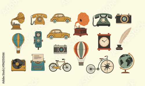 A charming vintage collection, embodying the concept of timeless appeal. Features retro technology, classic communication tools, and old-fashioned travel items for design concepts
