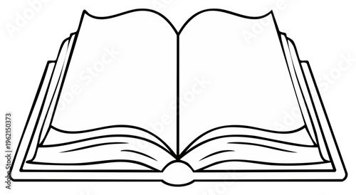 Open book outline drawing, blank pages for writing, reading, and education.