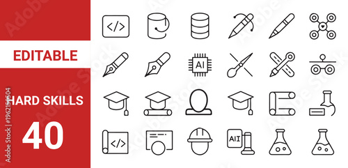 Hard skills icon set. Editable line icons.