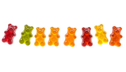 Seven colorful gummy bear candies of assorted colors arranged across a black background