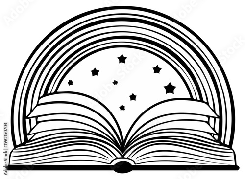 Open Book With Rainbow and Stars Symbolizing Imagination and Knowledge