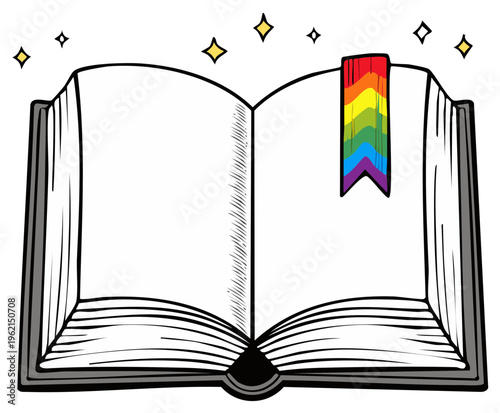 Open book with rainbow bookmark and sparkling stars, reading, knowledge concept.