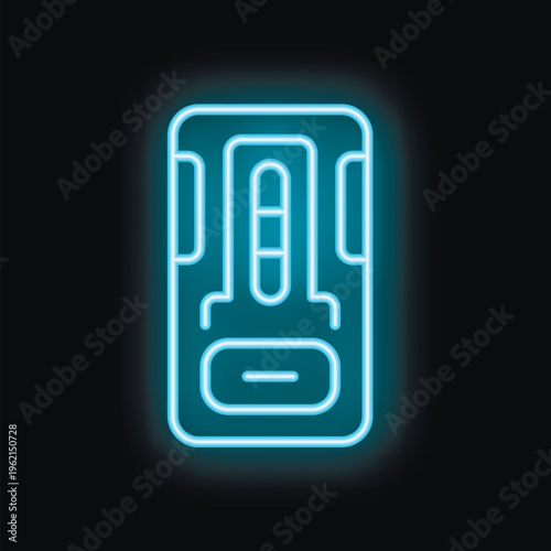 Blue neon sign of a coffee machine with cup over black background, coffee maker concept vector illustration in neon style