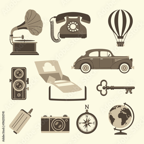 A fascinating flat-design collection of classic retro items, including vintage travel gear, antique communication devices, and nostalgic exploration tools
