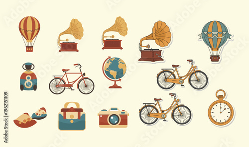 Whimsical collection of antique transportation and decorative items, a nostalgic concept for design, crafts, and scrapbook embellishments, showcasing retro style graphics