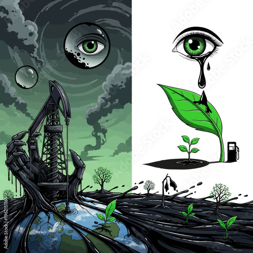 Environmental Crisis Illustration Oil Pollution Nature Destruction Hope Renewal Earth Tears Climate Change Art Digital Painting Concept