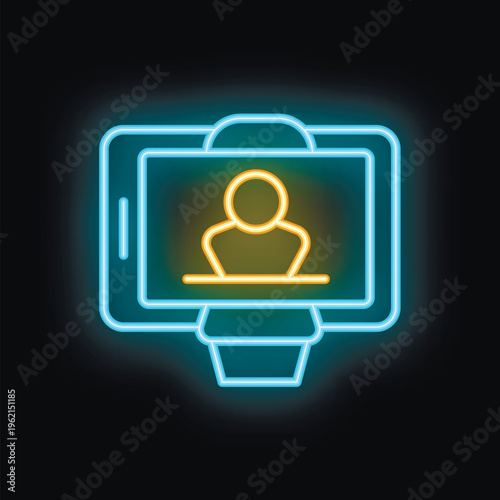 Neon sign of a smartphone recording a person, perfect for representing video calls, live streams, or online content creation