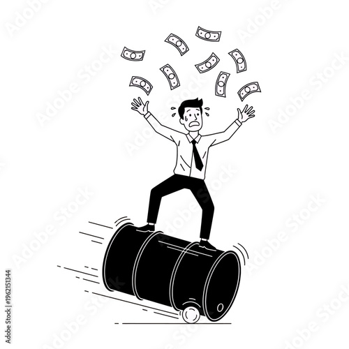 Man on Barrel Losing Money Illustration Financial Crisis Business Failure Cartoon Vector Graphic Stock Image Concept