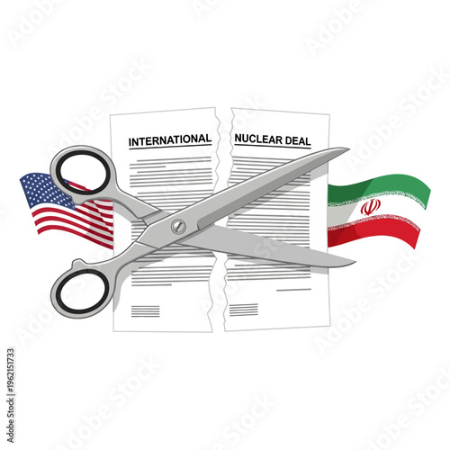 International Nuclear Deal Torn Apart by Scissors Symbolizing US Iran Relations and Political Conflict Illustration