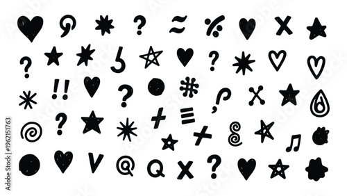 A collection of various black symbols and punctuation marks on a white background