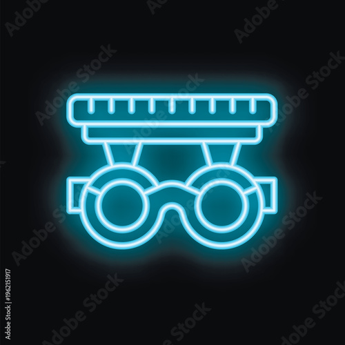 Glowing neon icon of a phoropter, a tool used by optometrists and ophthalmologists for eye exams