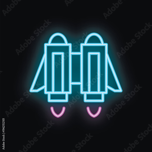 Neon sign representing a jetpack with blue flames, on a black background, ideal for representing the concepts of technology, speed and progress
