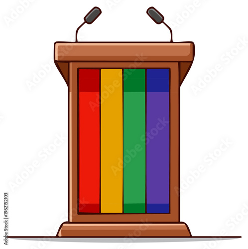 Illustrated Podium with Pride Flag Colors and Microphones Symbolizing Equality and Inclusion