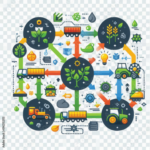 Sustainable Agricultural Supply Chain Infographic Diagram. Food Production, Logistics Network, and Circular Economy Concept Illustration.